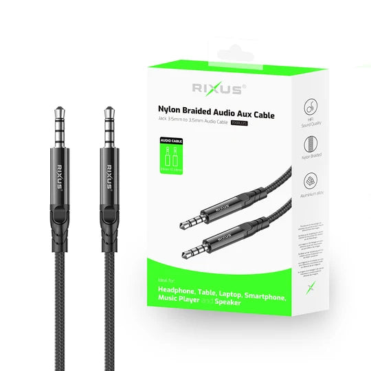 Rixus RXMU35 3,5 mm AUX naar 3,5 mm AUX gevlochten audiokabel 1,2 m zwart