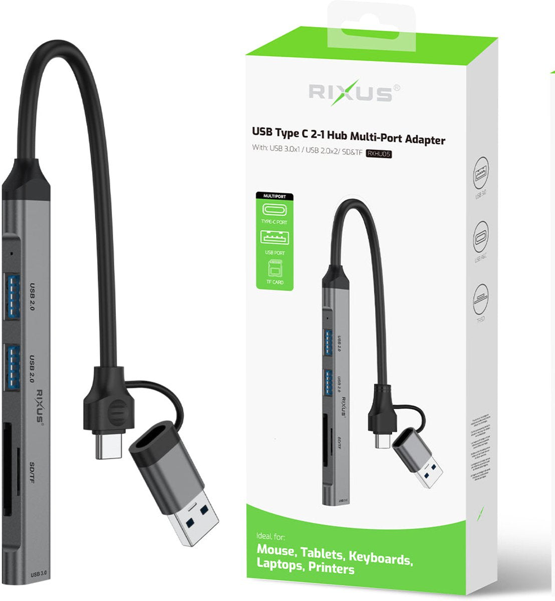 Rixus RXHU05 USB-C 2 in 1 Hub Multiport Adapter