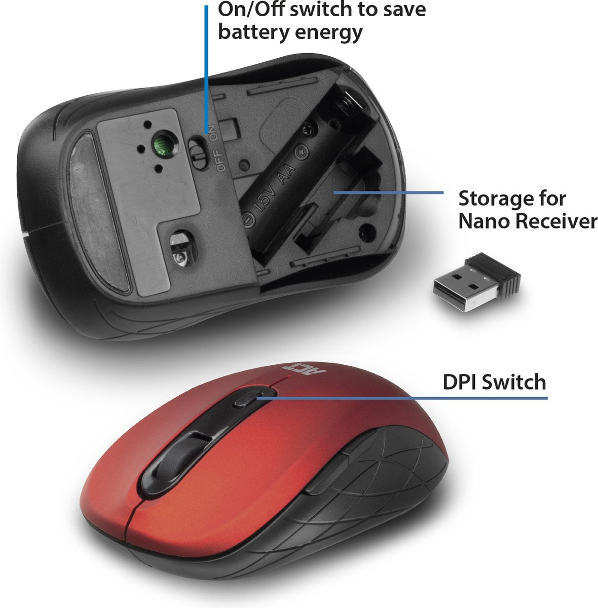 ACT Muis Draadloos - Optisch - 1600 DPI - 2.4Ghz USB Mini Dongel - Lichtgewicht - AC5135 Rood