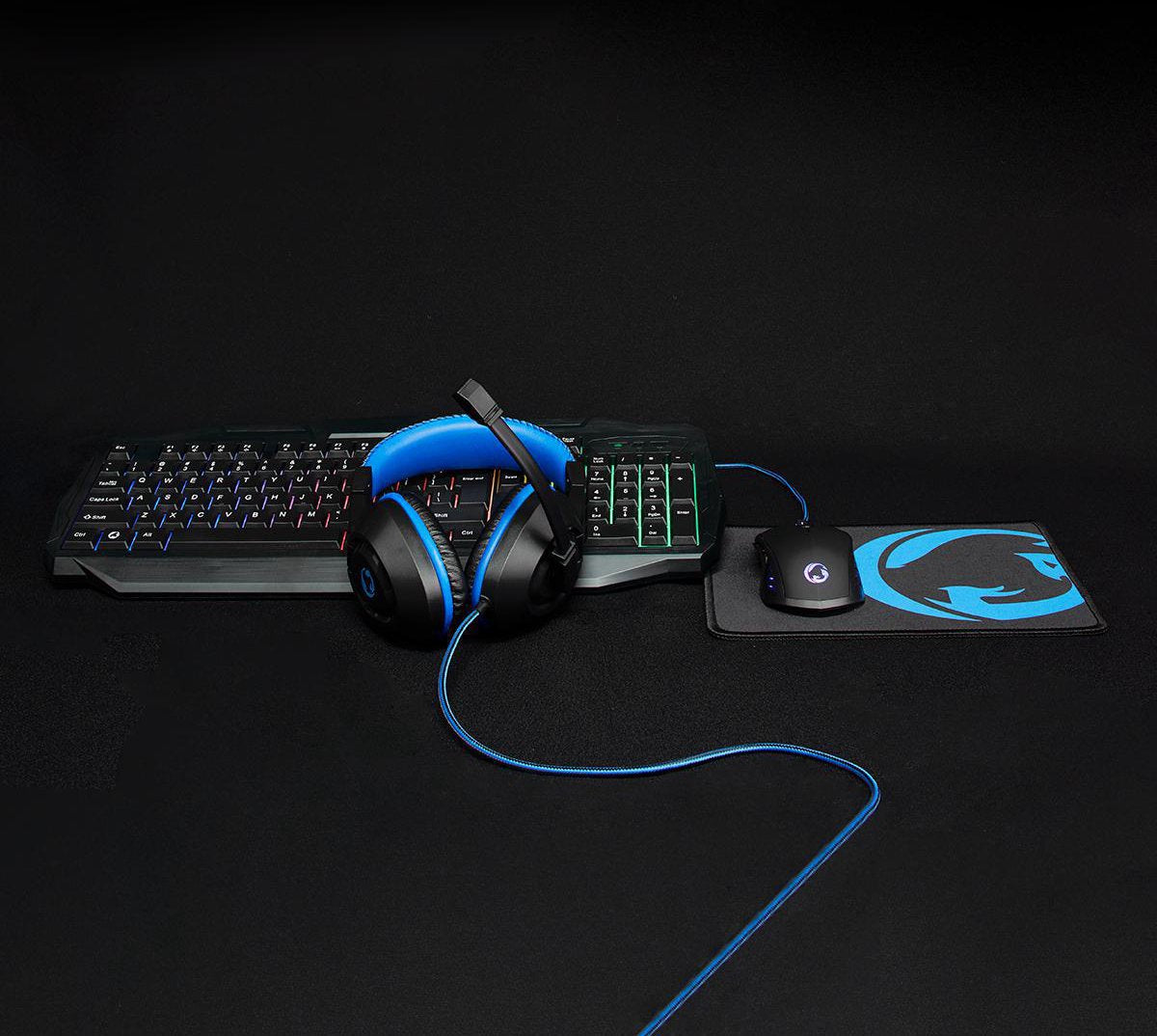 Nedis Gaming Combo Kit - 4-in-1 - Toetsenbord, Koptelefoon, Muis en Muismat - Blauw / Zwart - QWERTY - US Internationaal