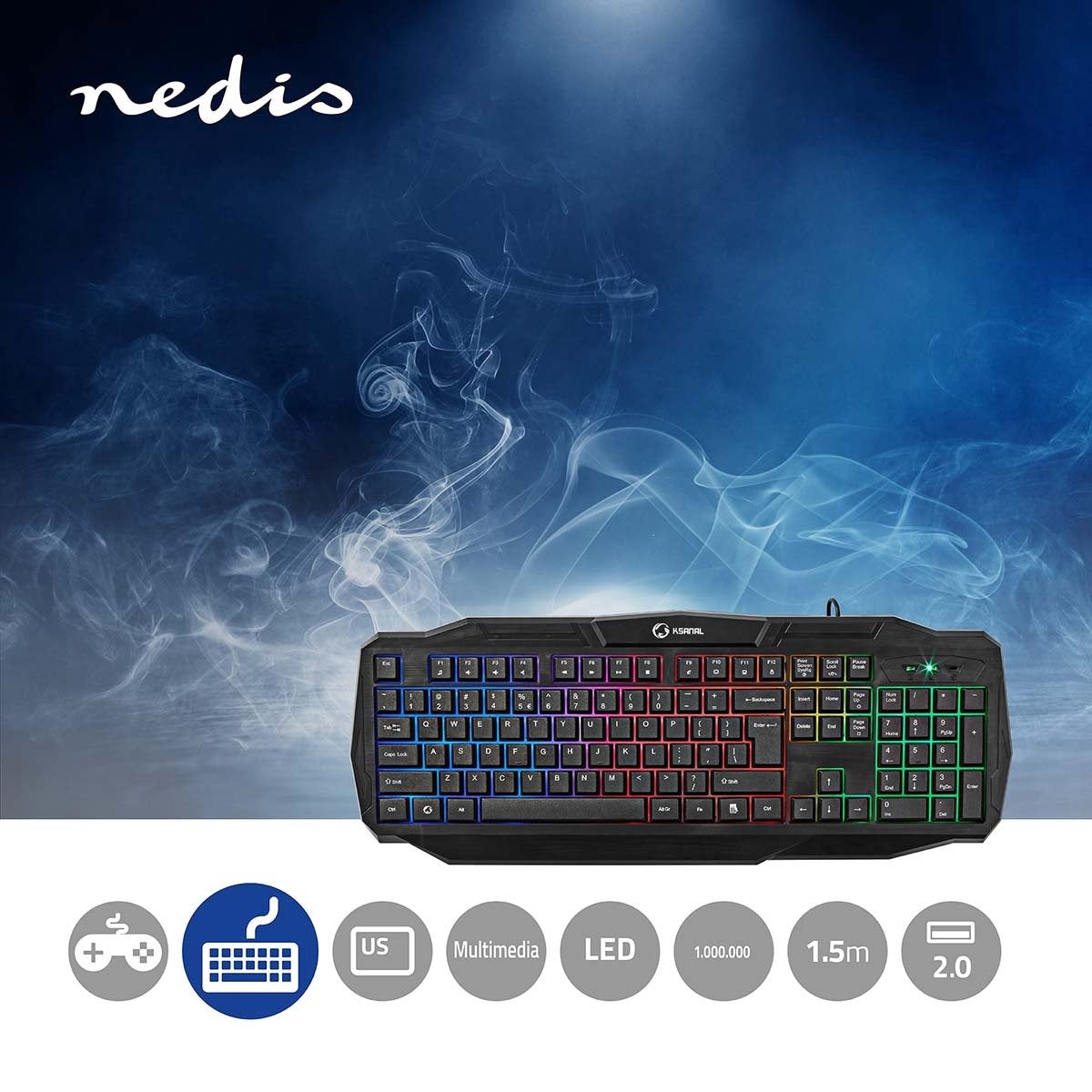 Nedis Bedraad Gaming Toetsenbord USB 2.0 , Membrane Toetsen , LED , US internationaal