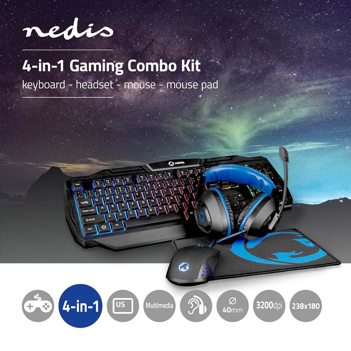 Nedis Gaming Combo Kit - 4-in-1 - Toetsenbord, Koptelefoon, Muis en Muismat - Blauw / Zwart - QWERTY - US Internationaal