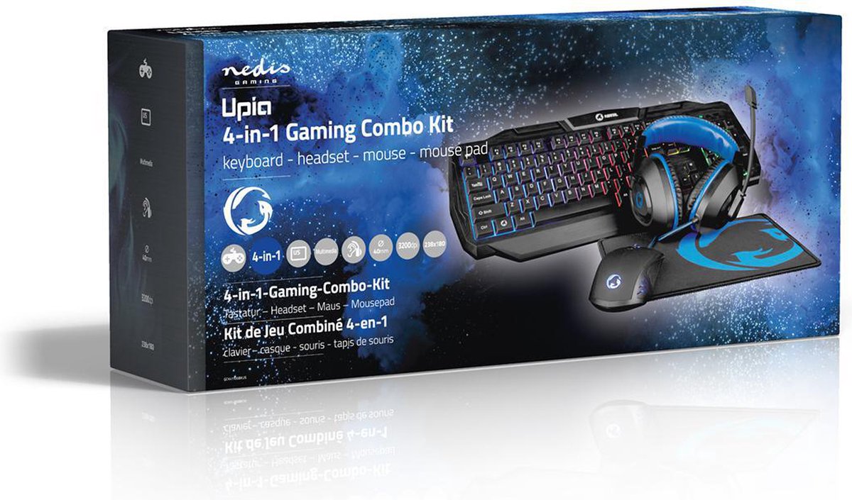 Nedis Gaming Combo Kit - 4-in-1 - Toetsenbord, Koptelefoon, Muis en Muismat - Blauw / Zwart - QWERTY - US Internationaal