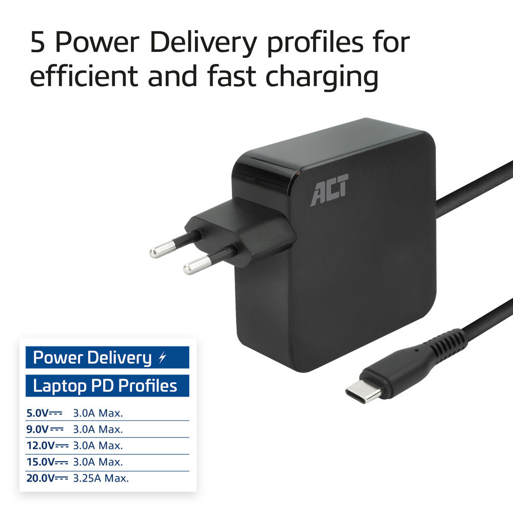 Act USB-C laptoplader 65W met Power Delivery-profielen, 2 meter