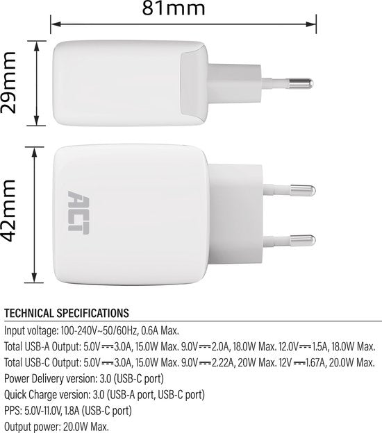 Act AC2122 20W LADER 2-POORTS USB A+C PPS