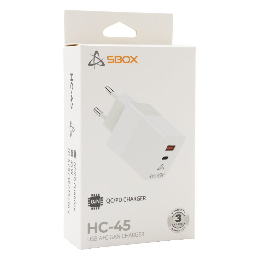 SBOX USB Oplader HC-45 , 45W , USB-A & USB-C (2 Poorten) , Wit