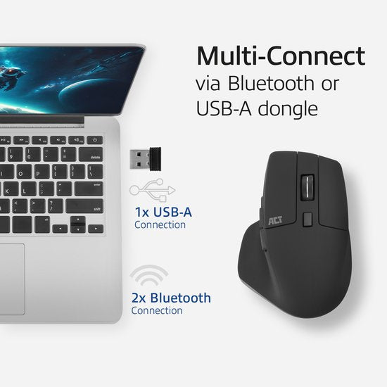 ACT Draadloze multi-connect muis Bluetooth of USB-A ontvanger, 2400 DPI met stille klik, AC5146