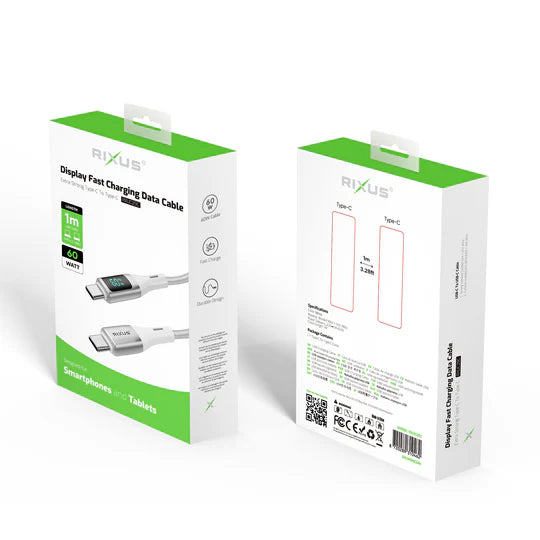 Rixus RXUC29C Braided USB-C To USB-C Cable With LED Display White