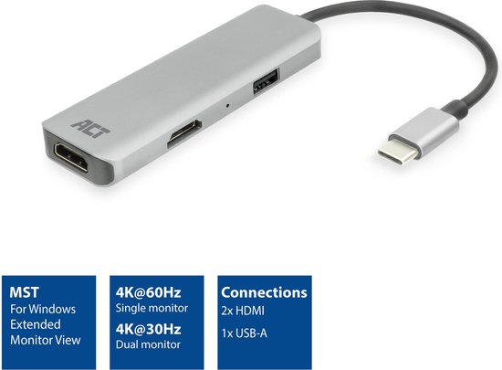 ACT USB-C 4K multiport adapter voor 2 HDMI schermen, USB-A datapoort AC7013