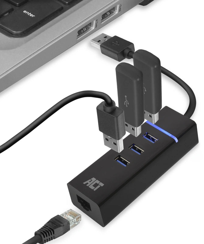 Ewent EW1140 3 port USB hub usb 3.0 / 3.1 & 10/100/1000 LAN poort