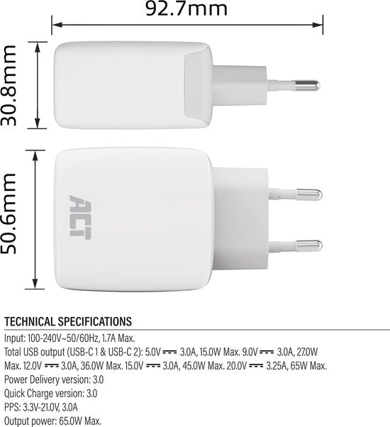 ACT USB-C Lader 65W 2-poorts met Power Delivery PPS en GaNFast AC2165