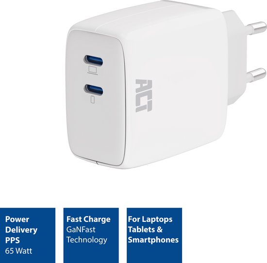 ACT USB-C Lader 65W 2-poorts met Power Delivery PPS en GaNFast AC2165