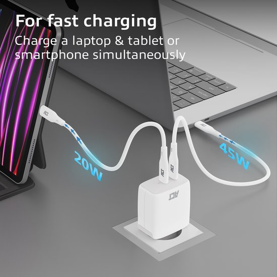 ACT USB-C Lader 65W 2-poorts met Power Delivery PPS en GaNFast AC2165
