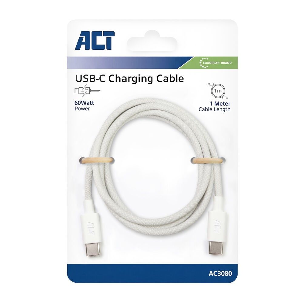 Act AC3080 laadkabel USB- C USB 2.0 480Mbps 60W laad- en datakabel, wit, 1 meter