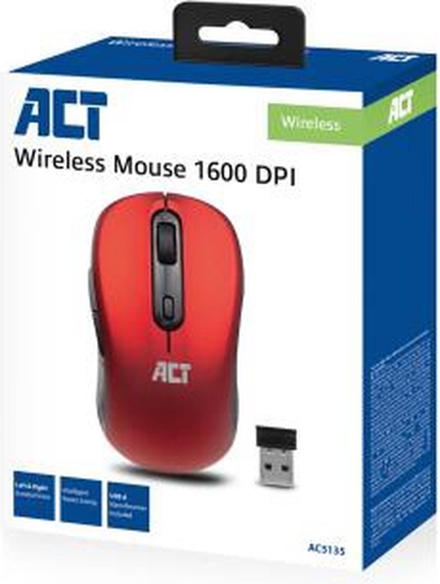 ACT Muis Draadloos - Optisch - 1600 DPI - 2.4Ghz USB Mini Dongel - Lichtgewicht - AC5135 Rood