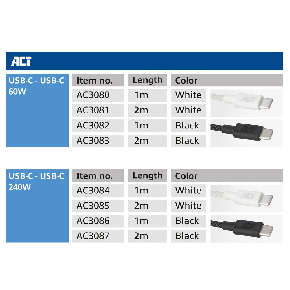 Act AC3080 laadkabel USB- C USB 2.0 480Mbps 60W laad- en datakabel, wit, 1 meter