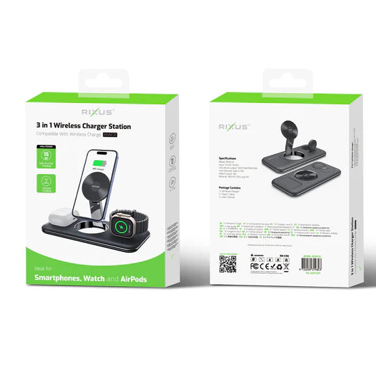 Rixus RXWC31 3 in 1 Draadloze lader standaard voor iPhone, Watch en Airpods