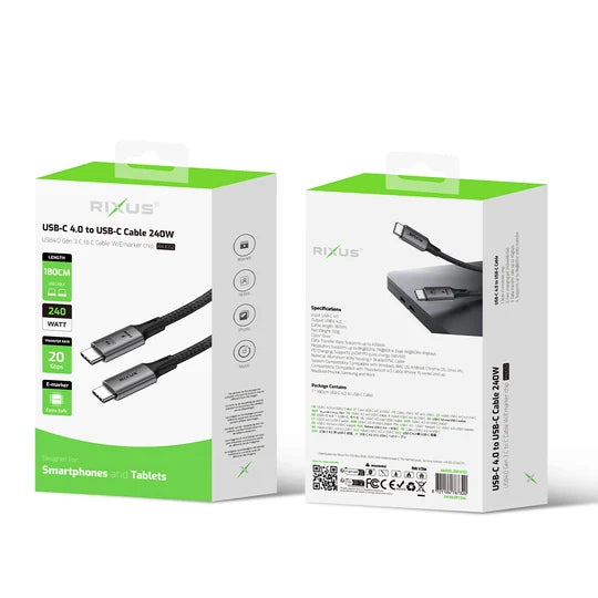 Rixus RXUC02 USB-C 4.0 To USB-C Cable 1.8m 240W Grey ( 8k video transfer )