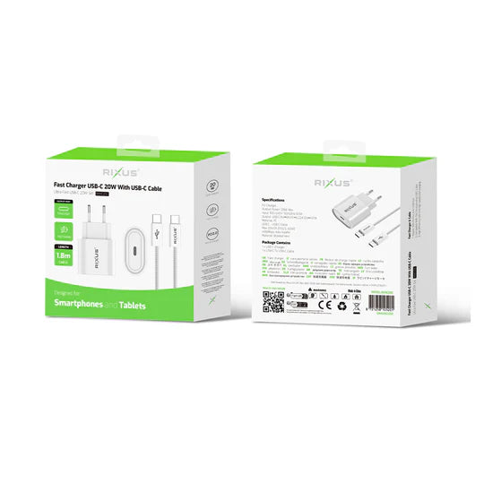 Rixus RXHC20C Fast Charger USB-C To USB-C Cable 1.8m 20W White