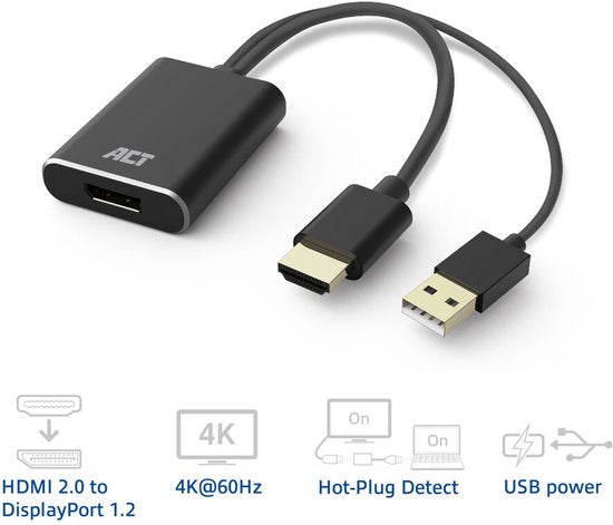 ACT AC7536 HDMI naar DisplayPort adapter, 4K@60Hz Zwart