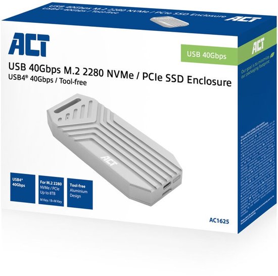 ACT AC1625 USB 40Gbps M.2 2280 NVMe / PCIe SSD Behuizing / High Performance / Tool-Free / Aluminium