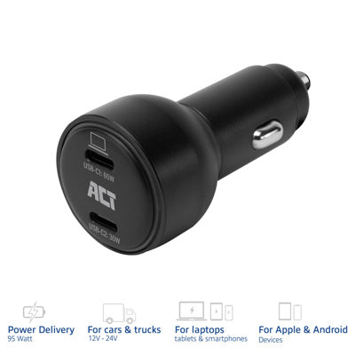 Act Ac2210 2-poorts USB-C fast charge autolader 95W met Power Delivery PPS, Quick Charge en GaNFast