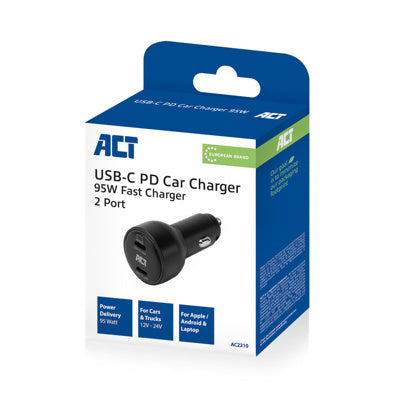 Act Ac2210 2-poorts USB-C fast charge autolader 95W met Power Delivery PPS, Quick Charge en GaNFast