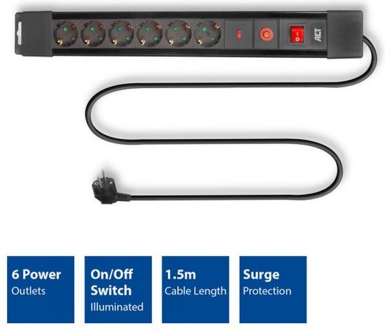 ACT Stekkerdoos met overspanbeveiliging - 6 Contacten - Aan/Uit Schakelaar - Overspanningsbeveiliging - AC2450