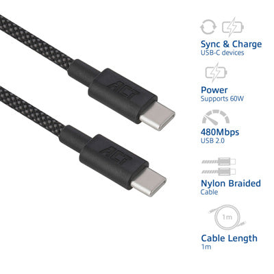 Act AC3082 laadkabel USB- C USB 2.0 480Mbps 60W laad- en datakabel, zwart, 1 meter