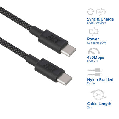 Act AC3083 laadkabel USB- C USB 2.0 480Mbps 60W laad- en datakabel, zwart, 2 meter