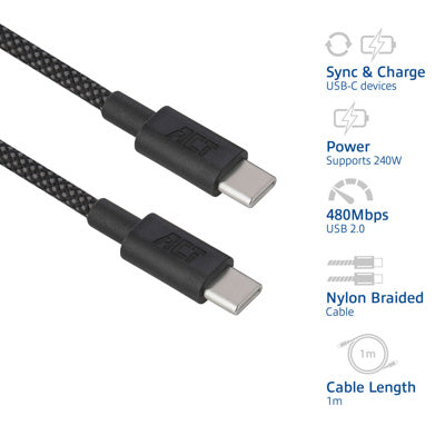 Act AC3086 laadkabel USB 2.0 240W laad- en datakabel USB-C naar USB-C, zwart, 1 meter