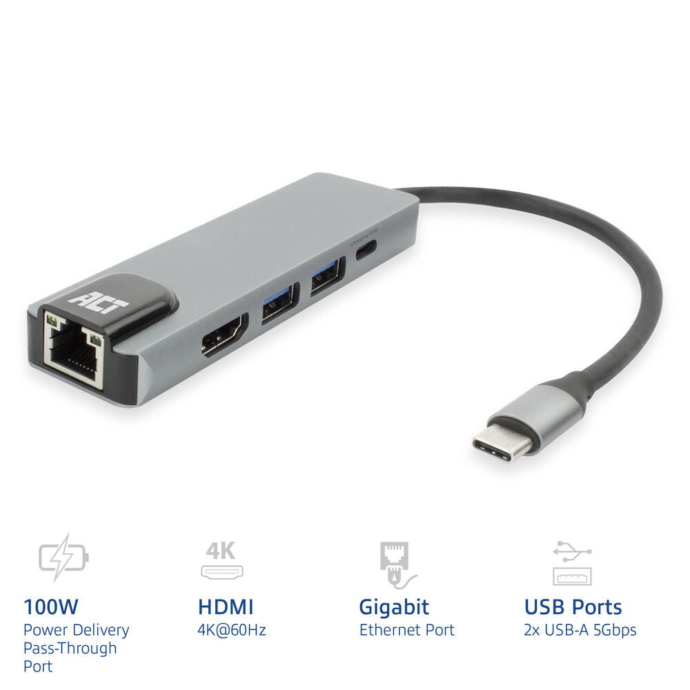 USB-C 4K docking station for 1 HDMI monitor, ethernet, USB-A, PD pass-through