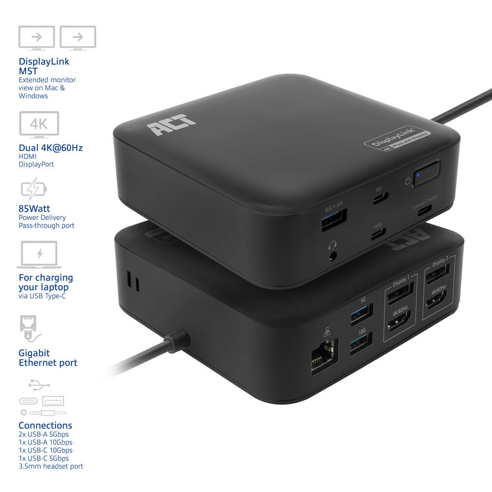 ACT AC7150 Universeel USB-C Dockingstation 4K, voor 2 HDMI/DisplayPort monitoren, DisplayLink, compact model