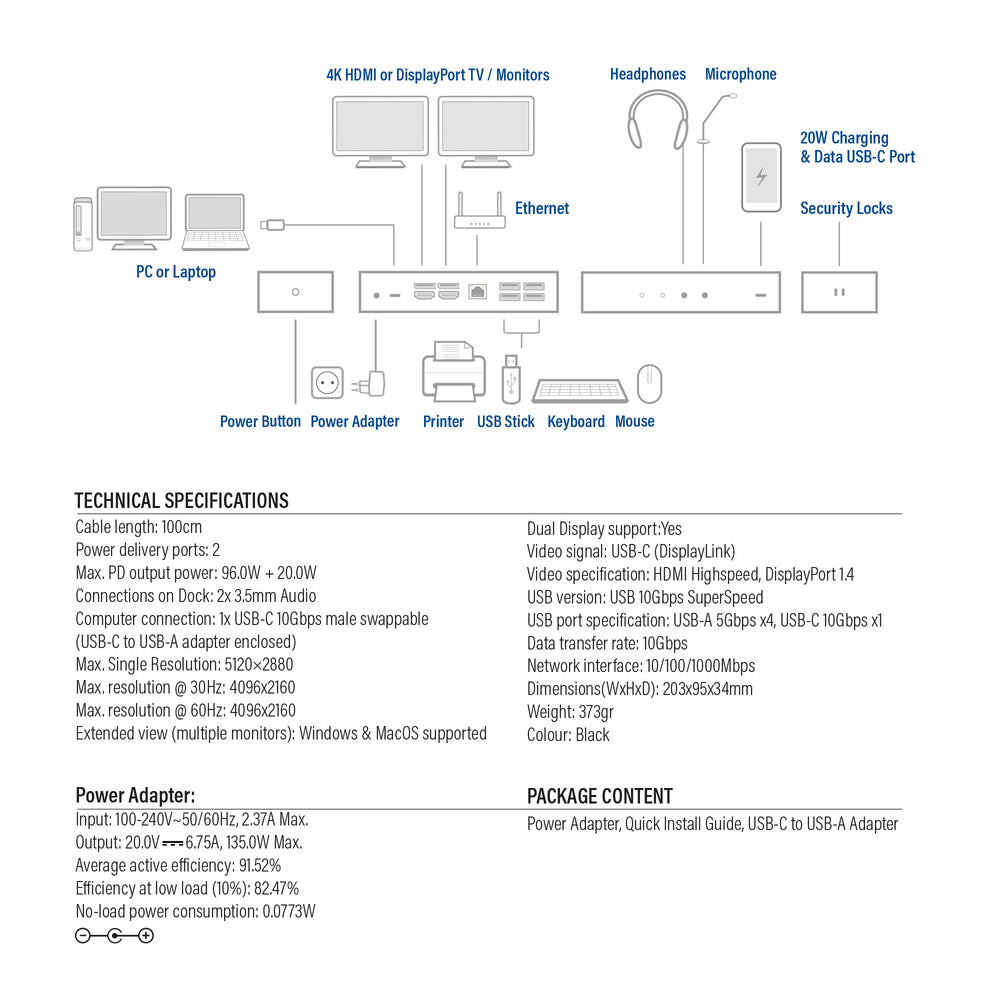 Act AC7160 USB-C Docking Station 4K, for 2 HDMI or DisplayPort monitors, DisplayLink
