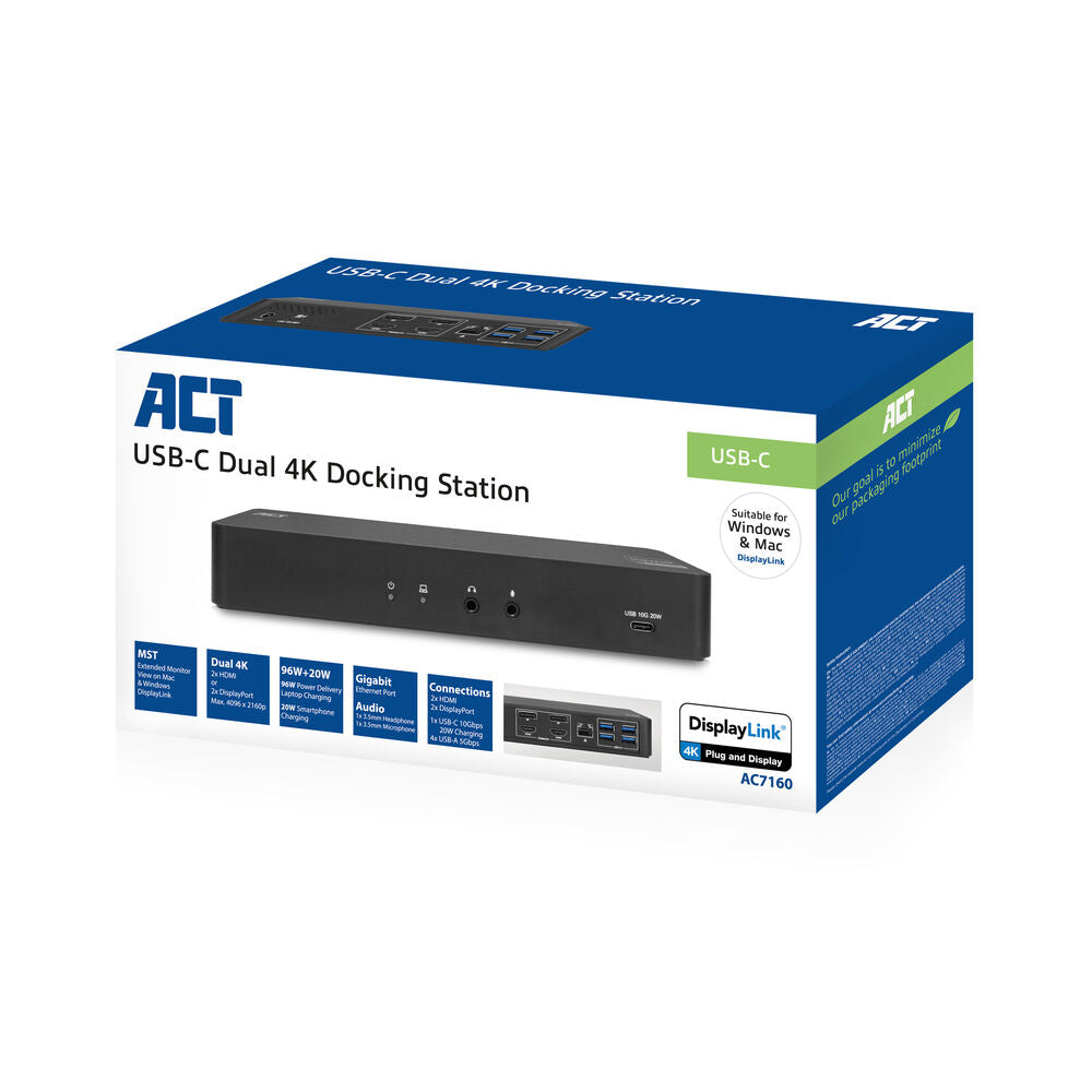 Act AC7160 USB-C Docking Station 4K, for 2 HDMI or DisplayPort monitors, DisplayLink