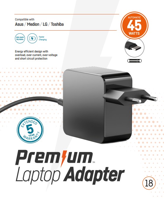 Premium RETAIL Wall Charger USB-C 45 watt 5 – 20v 2.25A