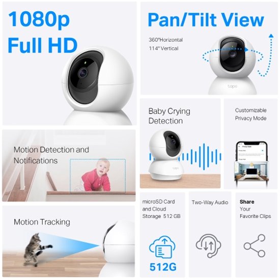 TP-Link IPCam Tapo C200 Beveiligingscamera binnen - 1080P- Full HD- Pan/Tilt