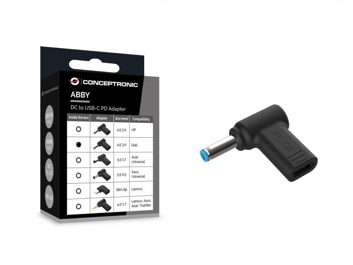 CONCEPTRONIC Adapter USB-C -> DC, Dell 4.5x3.0mm 18-20V zwart