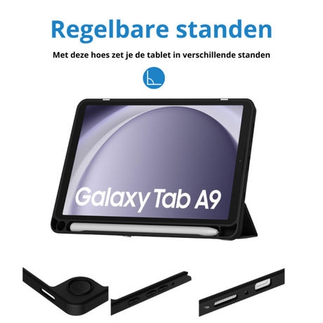 Tablet hoes geschikt voor Samsung Galaxy Tab A9 (2023) - Acrylic Trifold case met Pencil houder - Zwart