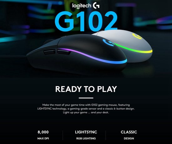 Logitech G G102 LIGHTSYNC - Bedrade Gaming Muis - 8000 DPI - Instelbare RGB - 6 buttons lay-out