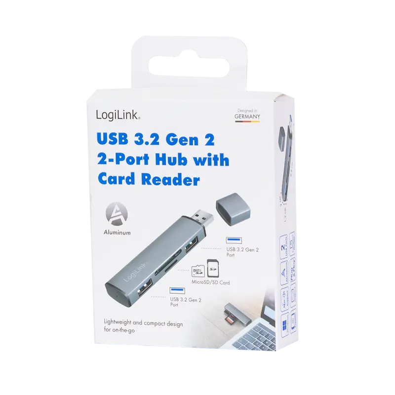 LogiLink USB 3.2 Gen 2 Hub, 2-port, USB-A, w/cardreader, aluminum, grey