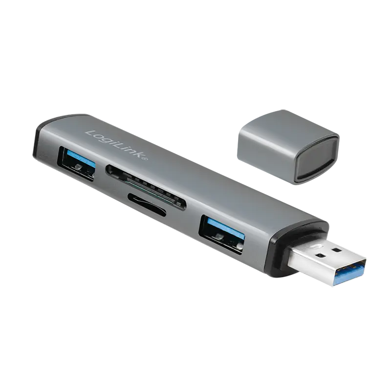 LogiLink USB 3.2 Gen 2 Hub, 2-port, USB-A, w/cardreader, aluminum, grey