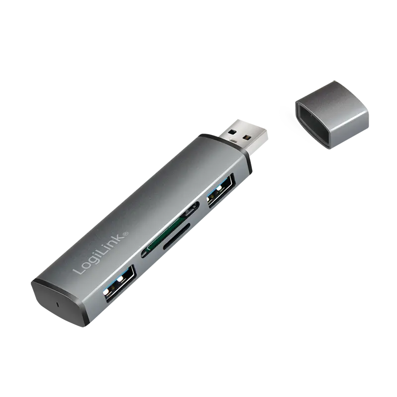 LogiLink USB 3.2 Gen 2 Hub, 2-port, USB-A, w/cardreader, aluminum, grey