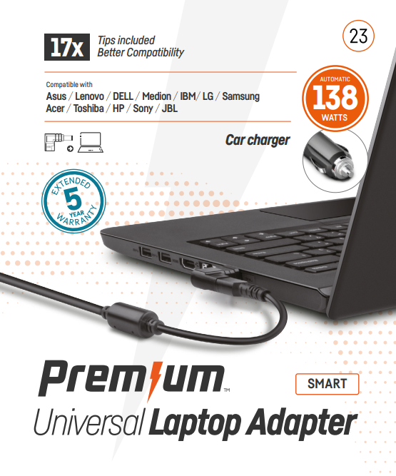 Premium universele AUTO-adapter in retailverpakking 138 Watt 17-tips