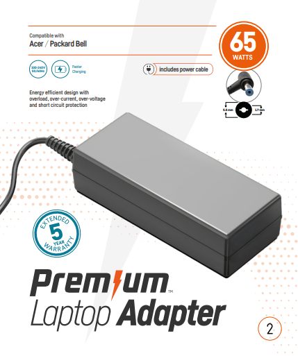 Premium Acer adapter in retailverpakking 19V 3,42A 5,5mm * 1,7mm incl. netsnoer