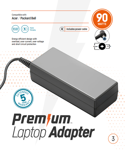 Premium Acer adapter in retailverpakking 19V 4,74A 5,5mm * 1,7mm incl. netsnoer 90w