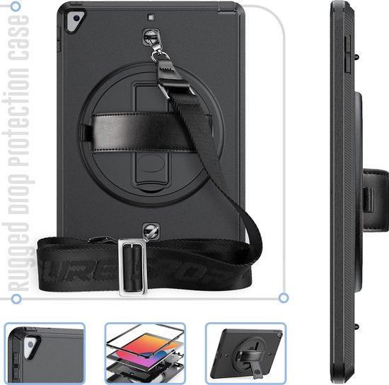 Tablet hoes geschikt voor iPad 10.2 inch 2019 / 2020 / 2021 - Hand Strap Armor - Rugged Case met schouderband - Grijs