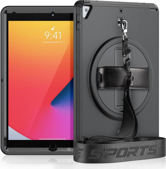 Tablet hoes geschikt voor iPad 10.2 inch 2019 / 2020 / 2021 - Hand Strap Armor - Rugged Case met schouderband - Grijs