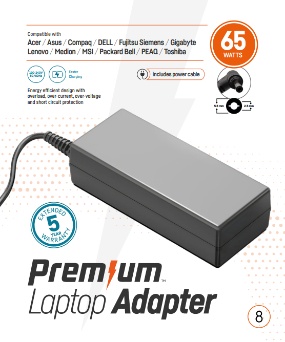 Premium adapter in retailverpakking Asus 19V 3,42A - 5,5mm * 2,5mm vierkant model incl. netsnoer