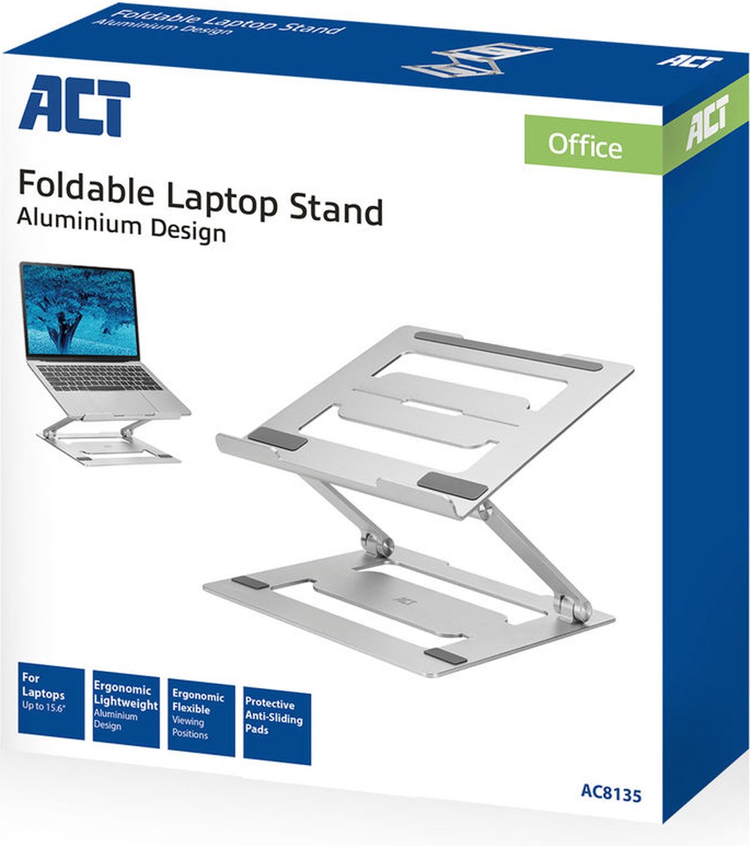 ACT AC8135 Laptopstandaard tot 15.6" , Opvouwbaar , Ergonomisch , Antislip , Draagbaar , Aluminium